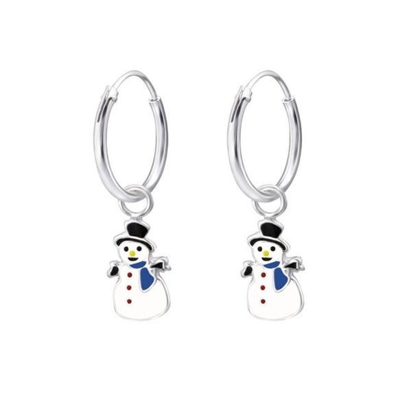 Children's Silver Hoops w/ Hanging epoxy  Snowman - Picture 1 of 3